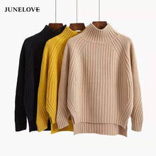 JuneLove, женские осенние свитера с высоким воротом, винтажные Свободные Женские однотонные пуловеры, Повседневная Уличная одежда, женские топы, вязаная верхняя одежда 2024 - купить недорого