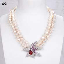 GG Jewelry 2 Rows 8.5mm Natural White Pearl Necklace Red Crystal CZ Flower Pendant For Women 2024 - buy cheap