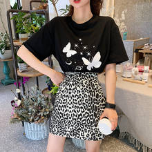 Summer 2021 New College Style Set Dress Korean Harajuku Butterfly Print Short Sleeve T-shirt+Leopard Print Skirt Tow-piece Suit 2024 - buy cheap