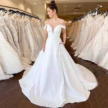 Custom Made Off Shoulder Simple Wedding Dress With Pockets White Ivory Satin Bridal Dresses With Court Train Vestidos De Noivia 2024 - buy cheap