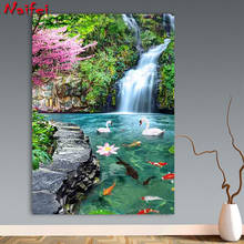 Diy pintura diamante cachoeira cisne koi peixe 5d diamante bordado primavera mosaico artesanal árvore de lótus paisagem natural 2024 - compre barato