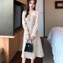 Vestido floral elegante com decote em v manga comprida impressão chique vestido coreano roupas femininas outono 2021 feminino vintage retro designer vestido 2024 - compre barato