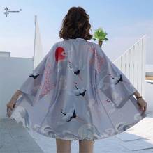 Novo japonês kimono yukata menina feminina cardigan guindaste imprimir camisa casual femme asiático quimono cosplay trajes topos praia jaqueta 2024 - compre barato