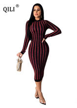 QILI Long Sleeve Vertical Stripe Bright Silk High Stretch Medium Long Dress 2020 Spring New Women's Sexy Dress 2024 - buy cheap