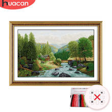 HUACAN Cross Stitch Bridge Scenery Kit Needlework Embroidery Tree Landscape Sets White Canvas DIY Gift Home Decor 11CT 14CT 2024 - buy cheap