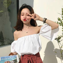 T-shirts Womens Summer Slash Neck Off Shoulder Solid Sexy Chic Loose All-match Crop Tops Elastic Girlish Fairy Loose White New 2024 - buy cheap