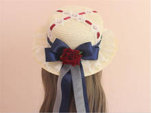 Вечерние соломенные шляпы с кружевом и большим бантом в стиле Лолиты, летняя женская пляжная шляпа от солнца, шапка принцессы Mori Girl, B1331 2024 - купить недорого