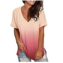 Camiseta holgada informal con degradado para mujer, Camiseta holgada de manga corta con cuello en V, Tops de ocio para mujer, ropa de calle 2024 - compra barato