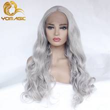 Yomagnéic-peruca lace front sintética cinza feminina., peruca de festa corporal ondulada, resistente ao calor, fibra, sem cola, com cabelo de bebê. 2024 - compre barato