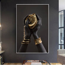 Pintura em tela mão com joias douradas feminina preta arte de parede posteres e impressões imagens de arte africana decoração de casa 2024 - compre barato