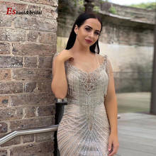 Elegante sereia vestido de noite para mulher 2021 dubai árabe boné mangas contas borlas artesanal longo formal vestidos festa 2024 - compre barato