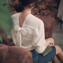 Blusa de manga comprida com decote em v, blusa feminina estilo coreano, de chiffon branco, tops e blusas para mulheres, estilo escritório 2021, outono 11571 2024 - compre barato