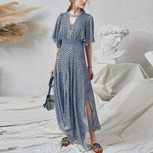 TEELYNN blue stripes chiffon maxi dresses women summer 2020 vintage deep v neck brand vestidos Irregular hem split long dress 2024 - buy cheap