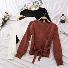 2020 New Korean V Neck Sweater Pullover Women Long Sleeve Lace Up Autumn Winter Knitted Top Sexy Jumper Top Pull Femme PZ2283 2024 - buy cheap