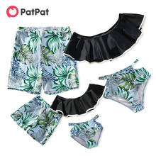 PatPat-traje de baño a juego con volantes, Top liso con hombros descubiertos y pantalones cortos con estampado de hojas, novedad de verano de 2021 2024 - compra barato