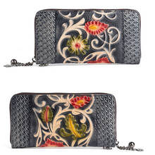 Billeteras Retro de cuero genuino para mujer, cartera larga con cremallera, bolso de mano, monedero rojo, monedero con flores 2024 - compra barato