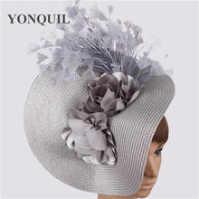 Imitação de palha grande derby fascinator chapéu agradável flor headpiece bandana com fantasia pena corrida acessórios para o cabelo clipe de cabelo 2024 - compre barato