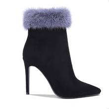 Female Mink Fur Opening Ankle Boots Winter Stilettos Bootie Pointe Toe Black Suede Thin High Heel Side Zipper Ankle Boots Zapato 2024 - buy cheap
