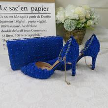 Royal Blue Lace Flower wedding shoes with matching bags High heels Pointed Toe Ankle Strap Ladies Party shoe and bag set 2024 - buy cheap