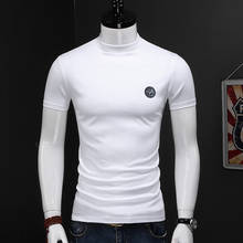 Homens Pequena Gola Camisa Branca de T Moda Crachá Dupla Mercerizado Algodão Slim Fit Camisetas de Manga Curta 2024 - compre barato