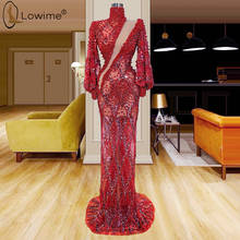 Red Illusion High Neck Mermaid Evening Dresses Muslim Long Sleeve Beaded Robe De Soiree Prom Party Gowns 2024 - buy cheap