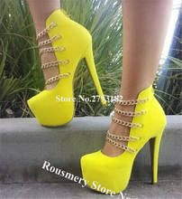 Women Charming Suede Leather High Platform Gold Chains Stiletto Heel Pumps Yellow Round Toe High Heels Formal Dress Shoes 2024 - buy cheap