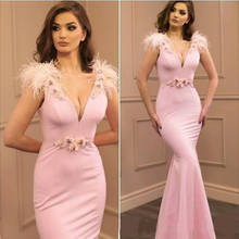 2019 Prom Dresses Mermaid V Neck Elastic Satin Floor Length Evening Gowns With Feather Hand Made Flower 2024 - buy cheap