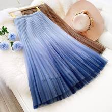 A-Line Skirt Women 2022 Spring Summer Tulle Skirts Gradient Long Mesh Skirt Slim Elastic High Waist Pleated Patchwork Skirts 2024 - buy cheap