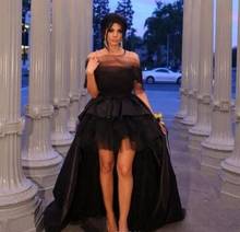 2020 High Low Black Satin Prom Dresses Sexy Off Shoulder Sweep Train Evening Party Gowns Special Occasion Dress 2024 - buy cheap