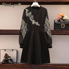 5XL Plus Size Women French Retro Embroidery Elegant Dress Spring 2021 Fashion V-neck Lantern Long Sleeve Beading Dresses Black 2024 - buy cheap