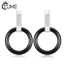 New Simple Hollow Circle Stud Earrings Black Ceramic Elegant Ear Jewelry For Women With AAA Crystal Top Quality Fashion Jewellry 2024 - buy cheap