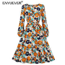 Enyuever Elegant Floral Print Women Dress Autumn Casual Clothes Long Sleeve Sashes Robe Pin Up Swing Retro Party Vintage Dress 2024 - buy cheap