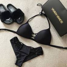 Conjunto de Bikini con espalda descubierta para mujer, traje de baño Sexy de color negro liso con cordón, bañador Halter, Bikini brasileño con Push-Up, ropa de baño 2019 2024 - compra barato