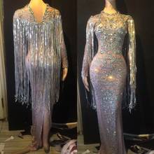 Mulheres mangas compridas baile de formatura casamento até o chão strass vestido cristais longo borla festa bodycon vestido cantor vestido de palco 2024 - compre barato