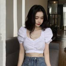 New Fashion Brands Women's Clothing Blouses Puff Sleeve Crop Top Solid Tops Chic Female Summer Vintage Style V-neck Shirts 2024 - buy cheap