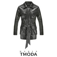 TMODA1062  2022 PU Coats Women Faux Leather Jackets Vintage Motor Biker Jackets Elegant Tie Belt Waist Pockets Buttons Coats 2024 - buy cheap