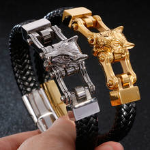 Double Wolf Head Wrap Bracelet Men Hiphop Massive Biker Jewelry Gold Color 316L Stainless Steel Mens Leather Cuff Bracelets 2020 2024 - buy cheap