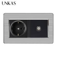 UNKAS 16A Russia Spain EU Standard Power Socket Grounded With Female TV Jack Stainless Steel Brushed Panel Wall Outlet 2024 - buy cheap