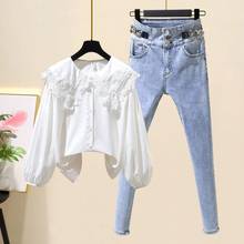 Small Spring Women's Suit Korean Loose Lace Collar White Shirt with Two-piece High Waist Jeans with Small Feet 2024 - buy cheap