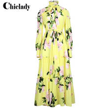 Chiclady vestido midi vintage, vestido feminino de manga comprida, elegante com cinto laço e estampa de flores, vestimenta feminina de chiffon para primavera e outono 2024 - compre barato