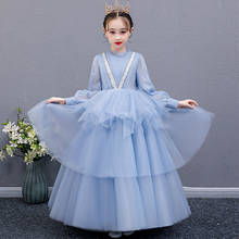 Flower Girl Dresses Crystal Sequined Beading High Pleat Pearls Blue Princess Floor-Length Tulle Lace Full Kids Party Gown H246 2024 - buy cheap