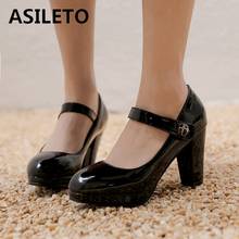 ASILETO New 2021 Ladies Pumps Round Toe 9cm Block Heels Patent Leather Buckle Concise Classic All-Match Big Size 48 A3545 2024 - buy cheap