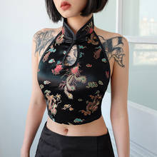 Y2K Vintage Dragon Embroidery Tie Up Tank Tops Chinese Style Cheongsam Buckle Stand-up Collar Hollow Out Sexy Halter Bustier Top 2024 - buy cheap