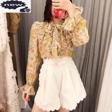 Floral Printed Ruffles Blouse Tops Women Elegant Bowknot Long Flare Sleeve Shirts Vintage Office Ladies Bohemian Blouses 2024 - buy cheap