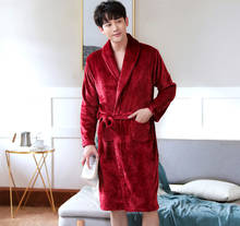 Roupão masculino kimono tinto vinho casual, roupão longo grosso de flanela, quente e macio, camisola masculina casual para casa 2024 - compre barato