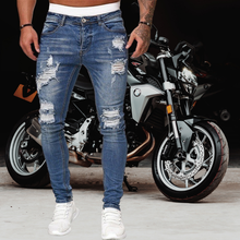 Джинсы мужские рваные узкие джинсы синие брюки-карандаш мотоциклетные праздничные повседневные брюки уличная одежда 2020 джинсовая мужская одежда 2024 - купить недорого