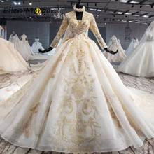 Ivory Long Sleeves Wedding Dresses with Gold Lace for Women 2020 Princess Puffy V Neck Corset Real Photos Vintage Bridal Gowns 2024 - buy cheap