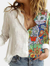 Blusa feminina estampa digital gato desenho animado, camisa feminina casual retrô plus size gola virada solta botões 2024 - compre barato