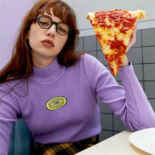 Осенняя женская футболка с длинным рукавом фиолетового цвета, пуловер с высоким воротом, топы, трикотажная тонкая однотонная Повседневная футболка, топы 2024 - купить недорого