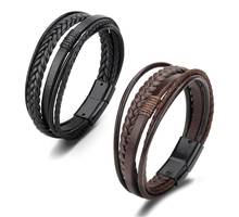 Newest Fashion Leather Bracelet for Men Brown Braid Multilayer Rope Chain Stainless Steel Magnetic Clasp Man Jewelry Gifts PH506 2024 - buy cheap